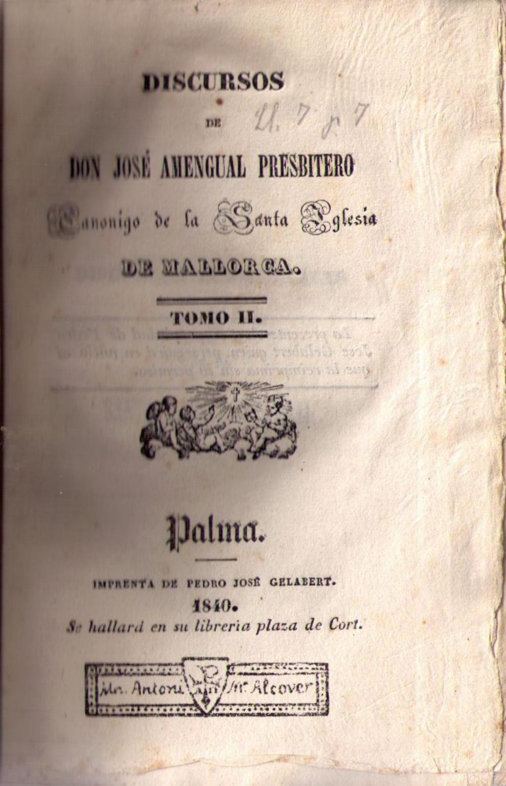 Coberta de Discursos  de Don José Amengual Presbitero (Tom II)
